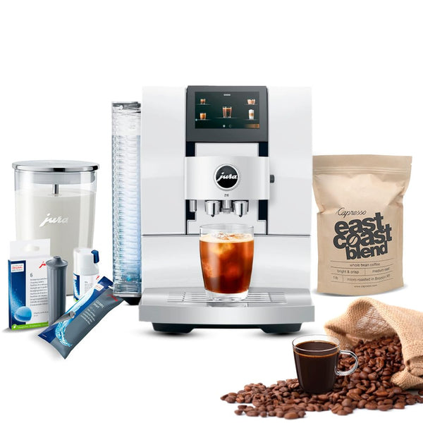 Jura Z10 Automatic Coffee Machine with Product Recognizing Grinder and One-Touch Bundle with Filter Cartridge Water Stabilizer, Capresso Coffee Bean and Accessories (6 Items)